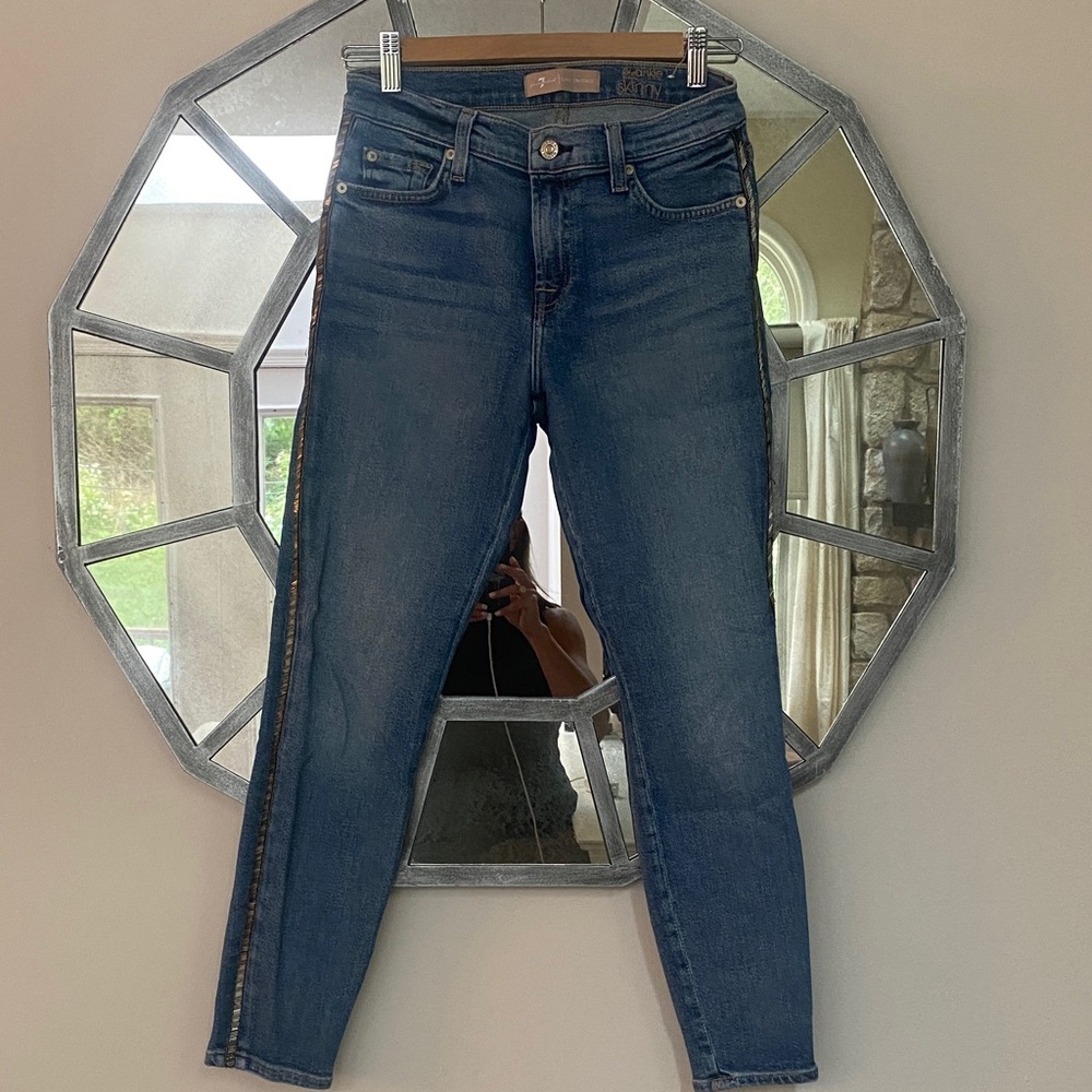 7 For All Mankind Mid-Wash Embellished Skinny Ankle Jeans